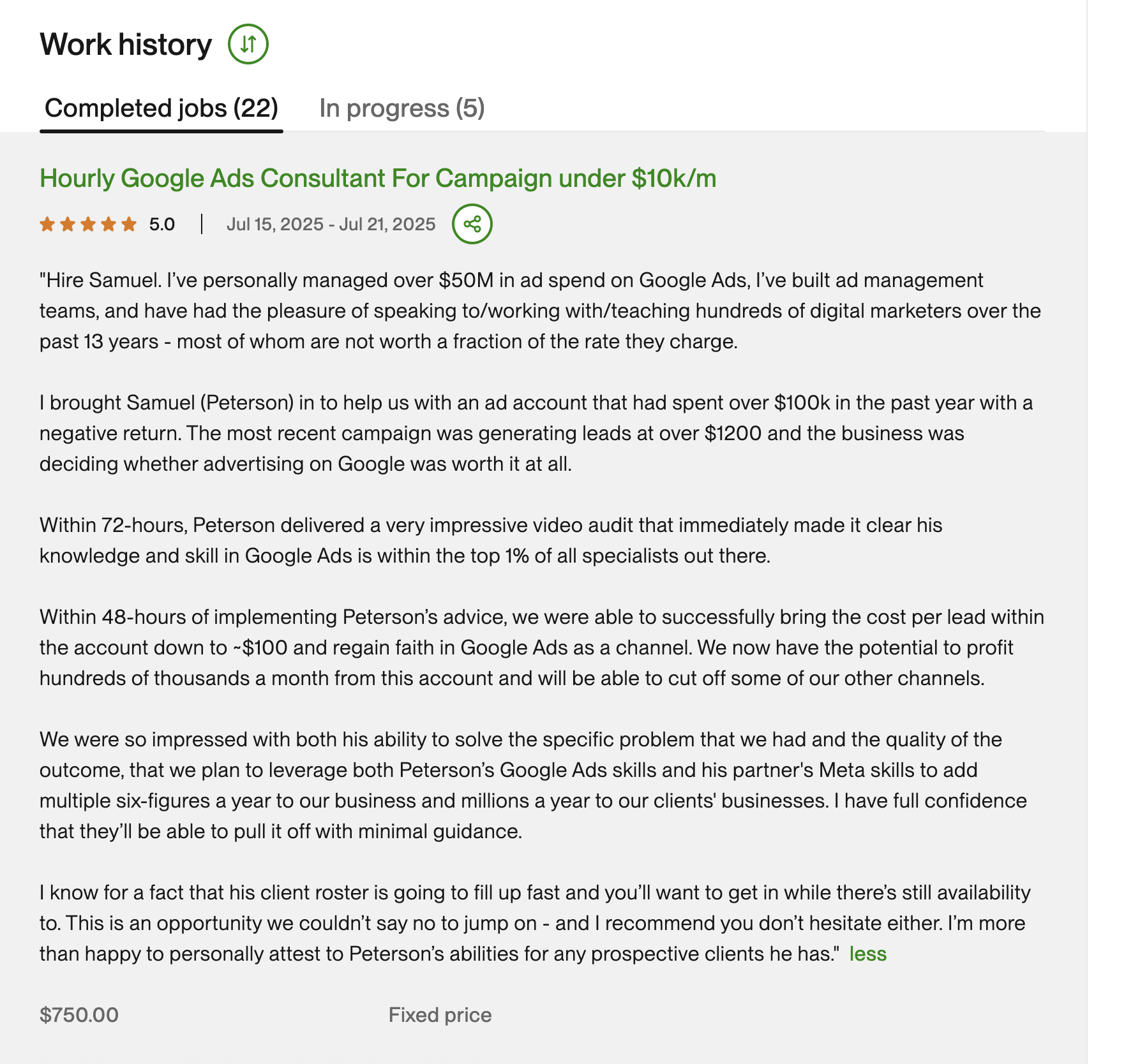 Upwork client review praising Peterson's Google Ads expertise