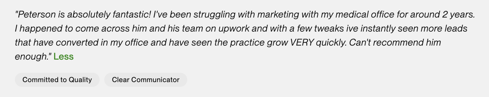 5-star Upwork review praising Peterson for medical office marketing